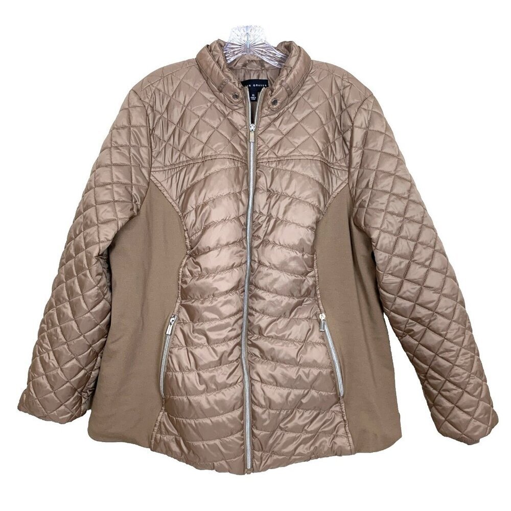 Susan Graver Womens‎ XL Quilted Jacket Ponte Side Panels Zip Pockets Tan Puffer